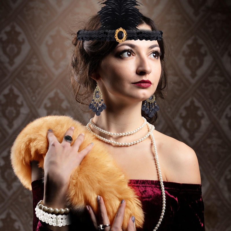 FEPITO 8 Pcs 1920s Flapper Great Gatsby Accessories Set Flapper Headband Necklace Earrings Long Black Gloves Boa Cigarette Holder Theme Party Accessories for Womenï¼ˆSet Eï¼‰ - Image 2